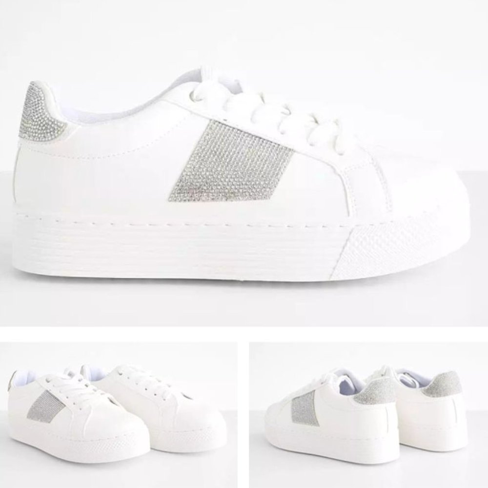 NEW White Sparkly Rhinestone Bling Bling Glam Glitz Platform Sneakers Shoes - Picture 9 of 10